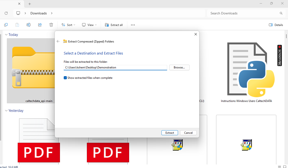Interface for extracting zip files